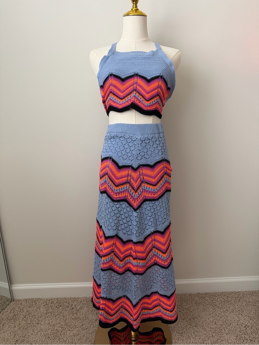 Light Blue Crochet Maxi Skirt with Pink & Orange Chevron Accents